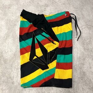 Y2K Volcom Board Shorts V6S 4-Way Stretch Rasta Striped Swim Trunks Mens‎ 34